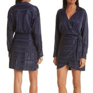 Milly | Women’s navy blue tonal stripe v-neck side tie wrap dress, collared, SP